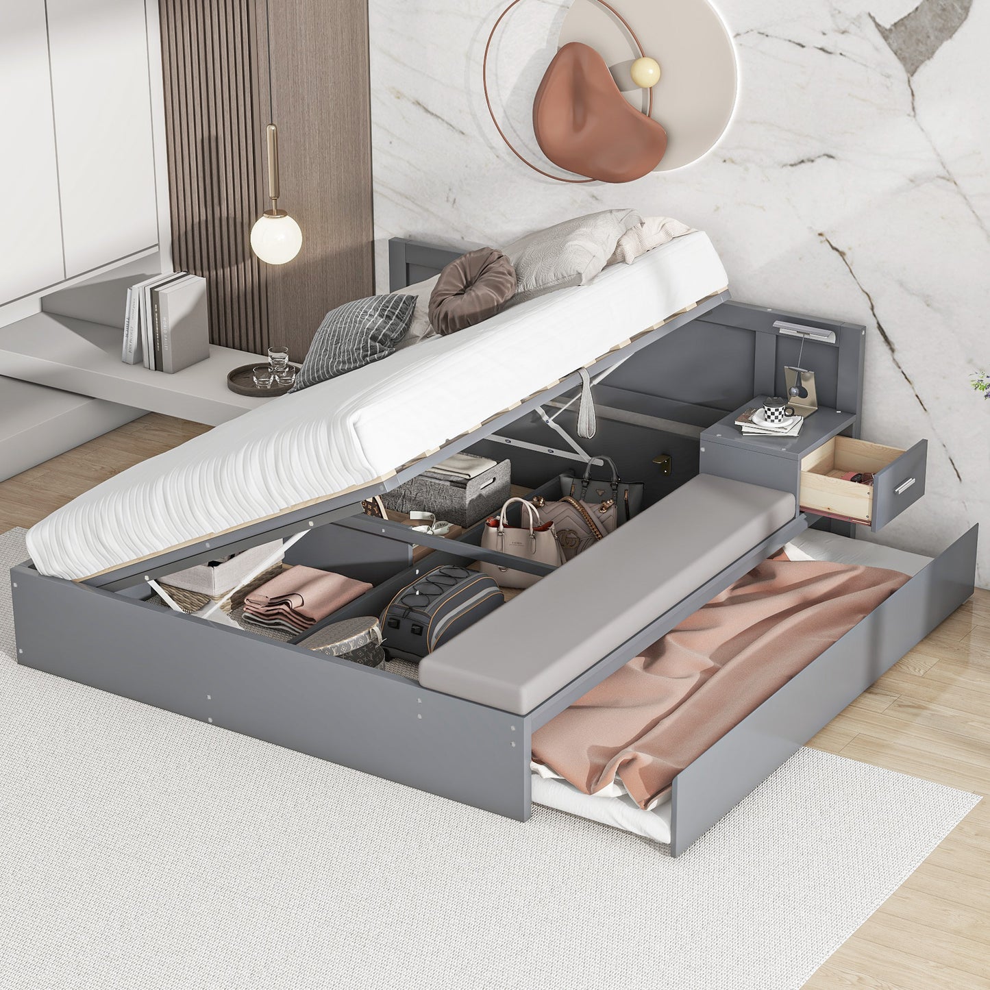 Lit plateforme hydraulique pleine grandeur avec rangement en bois avec lit gigogne double, table d'appoint et salon, gris