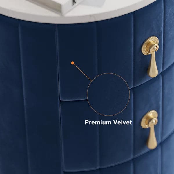 Blue Velvet Nightstand with Storage Sintered Stone Top Round Nightstand with 3 Drawers