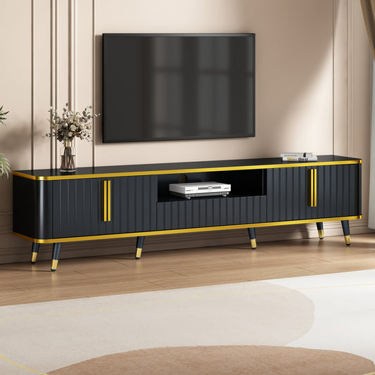 ON-TREND Meuble TV minimaliste de luxe avec étagère de rangement ouverte pour téléviseurs jusqu'à 85", centre de divertissement avec armoires et tiroirs, console multimédia pratique avec pieds uniques pour le salon, noir