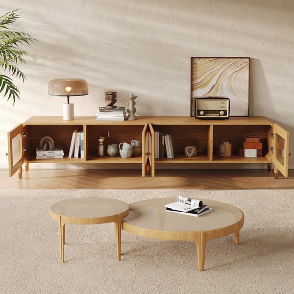 Meuble TV en bois naturel et acrylique de 78 pouces, console multimédia moderne rectangulaire en acier inoxydable