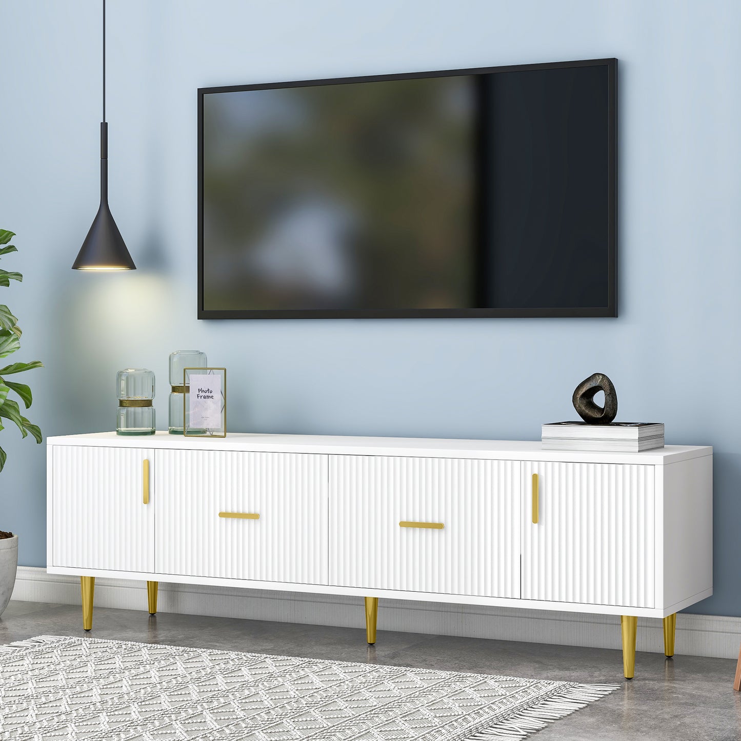 Meuble TV moderne U-Can avec 5 pieds champagne – Durable, élégant et spacieux, téléviseurs jusqu'à 75''