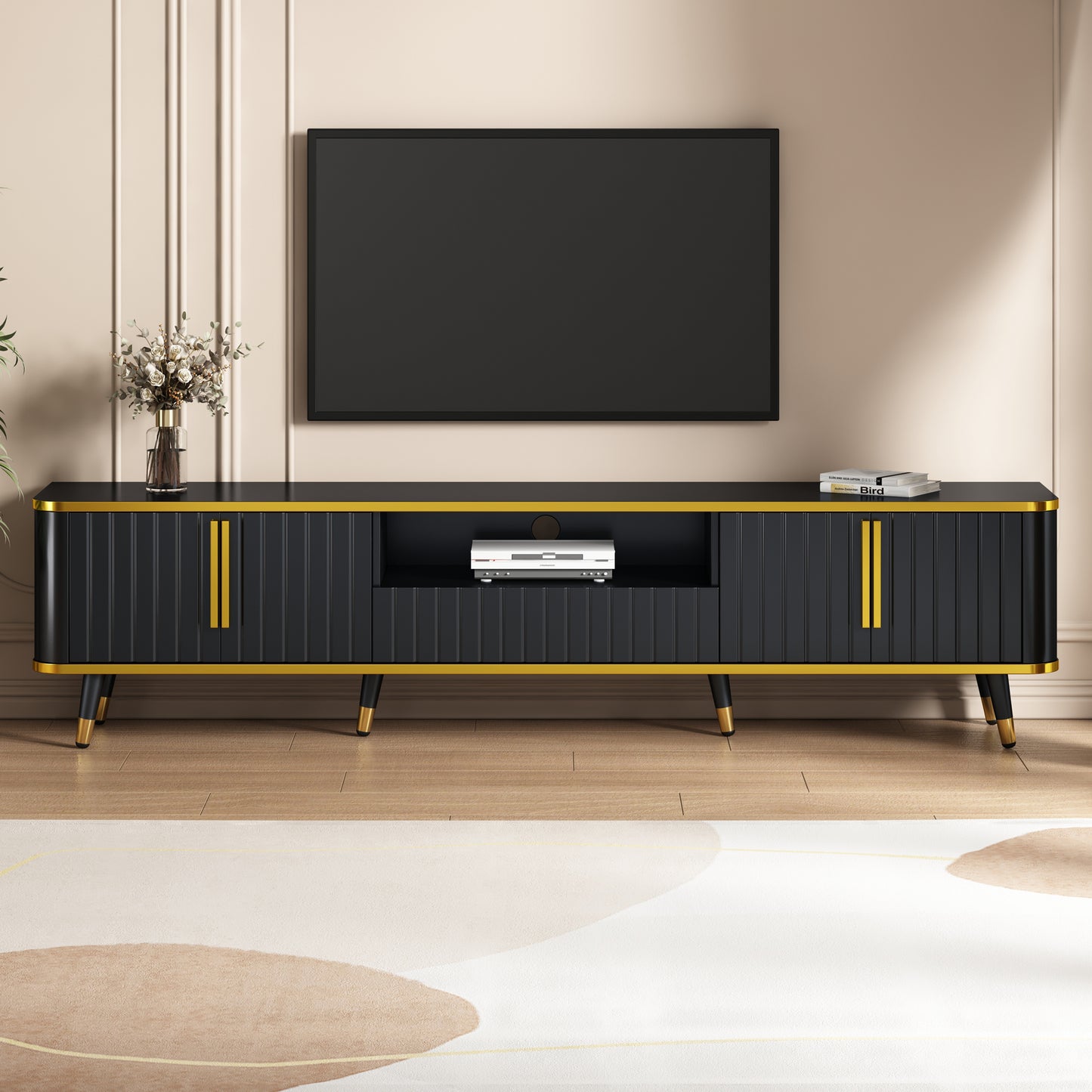 ON-TREND Meuble TV minimaliste de luxe avec étagère de rangement ouverte pour téléviseurs jusqu'à 85", centre de divertissement avec armoires et tiroirs, console multimédia pratique avec pieds uniques pour le salon, noir