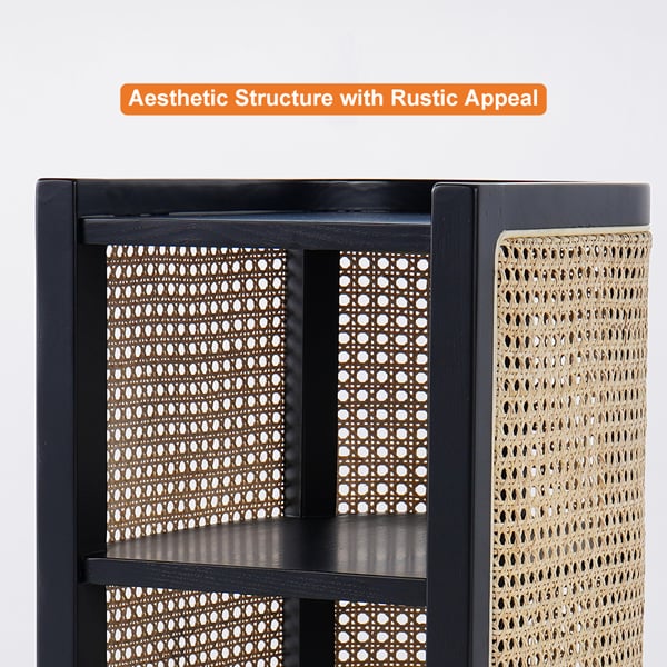 24 Inches Black Nightstand Semi-Circle Rattan Bedside Table with 1 Shelf