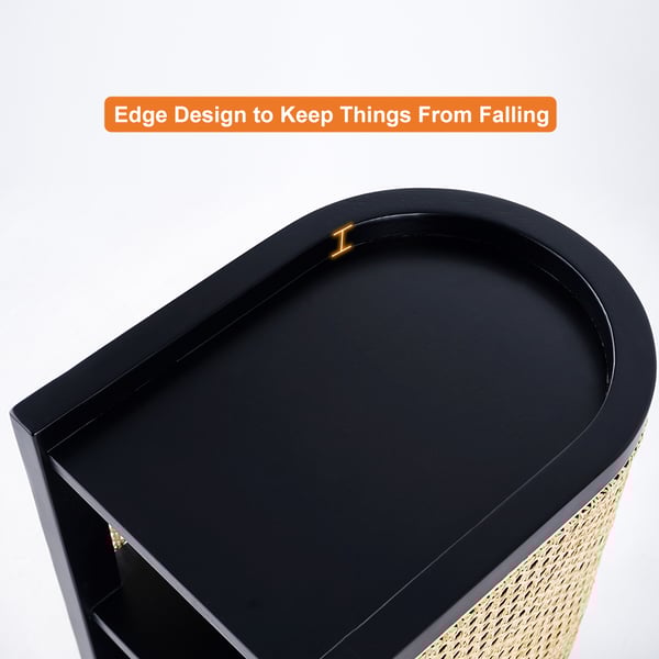 24 Inches Black Nightstand Semi-Circle Rattan Bedside Table with 1 Shelf