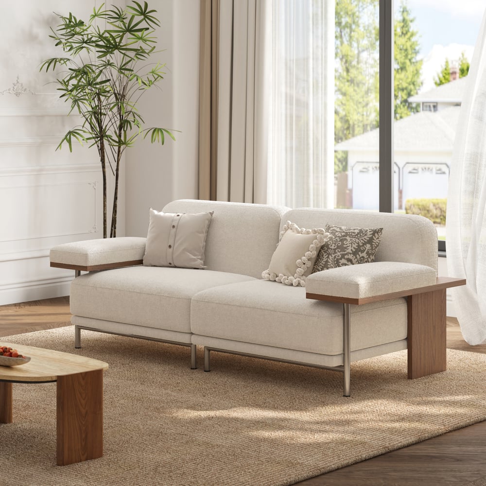 2 Seater Modular Sofa White Velvet with Ash Wood Frame