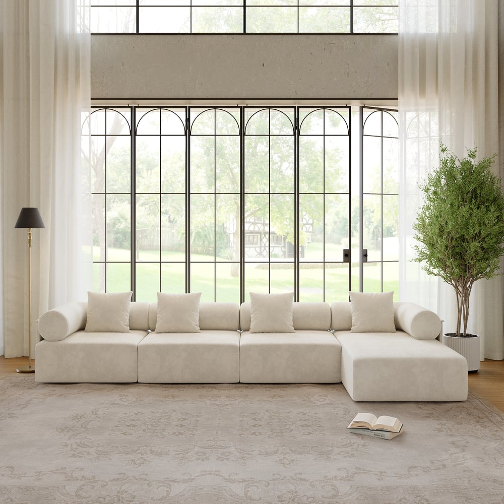 4-Piece Modular Chenille Velvet L-Shaped Sectional Chaise Sofa