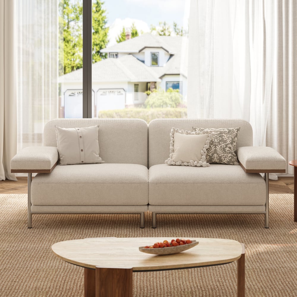 2 Seater Modular Sofa White Velvet with Ash Wood Frame