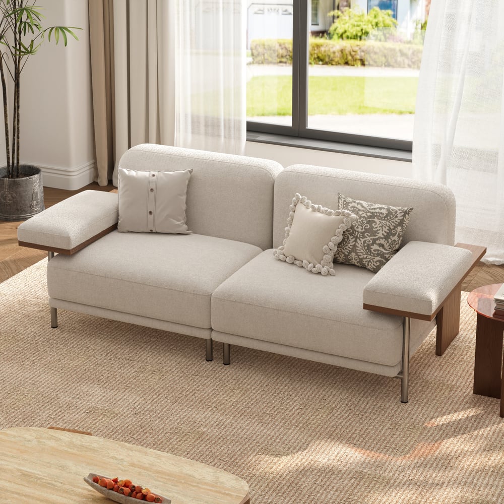 2 Seater Modular Sofa White Velvet with Ash Wood Frame