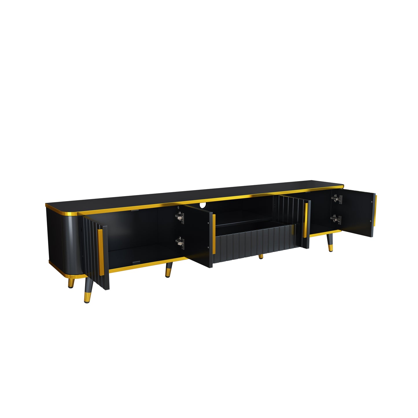 ON-TREND Meuble TV minimaliste de luxe avec étagère de rangement ouverte pour téléviseurs jusqu'à 85", centre de divertissement avec armoires et tiroirs, console multimédia pratique avec pieds uniques pour le salon, noir
