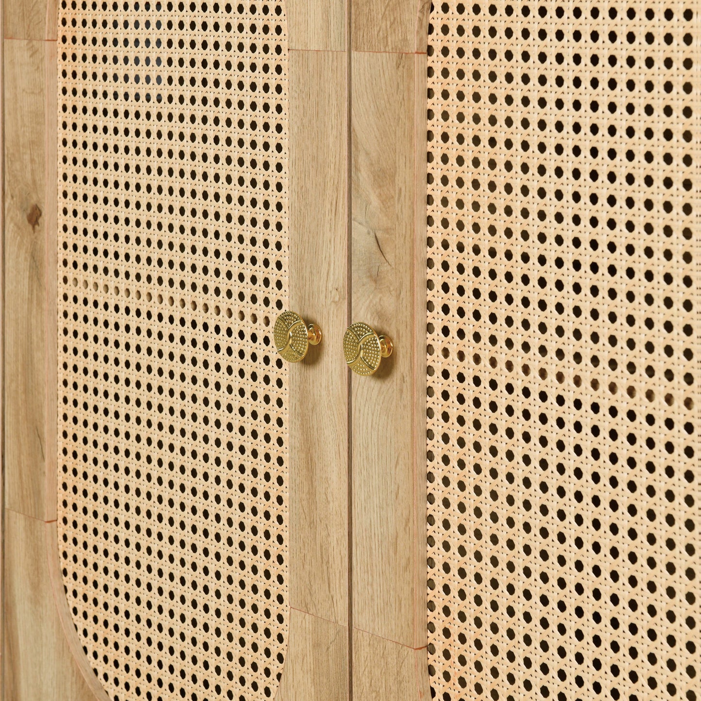 TREXM Retro 3-Door Sideboard with Large Storage Space Artificial Rattan Doors and Metal Handles, Accent Cabinet for Living Room and Hallway (Natural Wood)