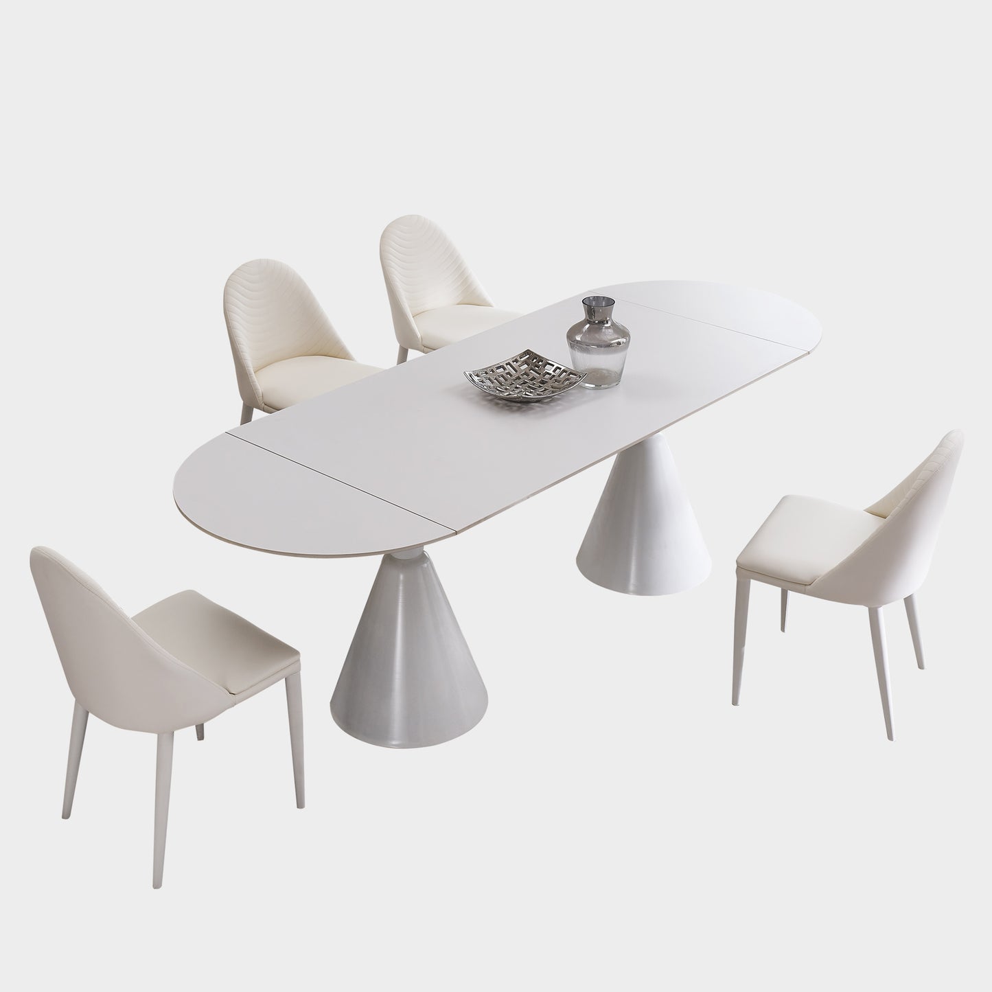 Table de salle à manger blanche extensible ovale moderne de 94,9 po pour 8 personnes avec plateau en pierre frittée et base en acier inoxydable
