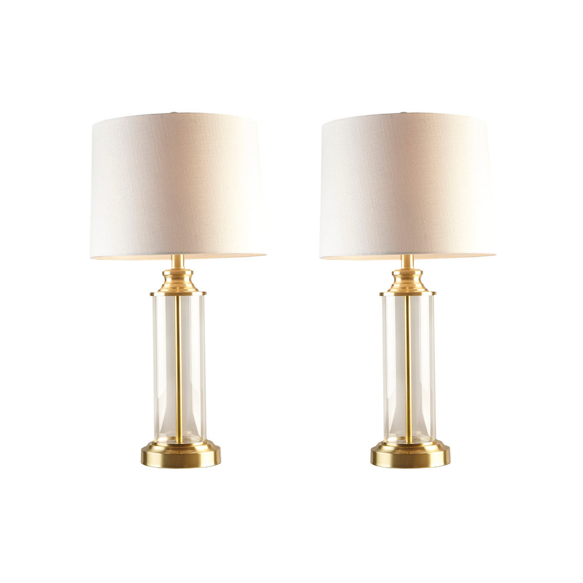 Clarity Glass Cylinder Table Lamps – Elegant Gold Finish with Off-White Drum Shades Set of 2 for Living Room and Bedroom Decor
