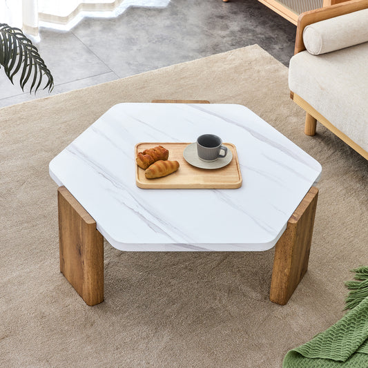 Stylish MDF Coffee Table - White Tabletop with Wooden Legs, Ideal for Living Spaces and Guest Rooms