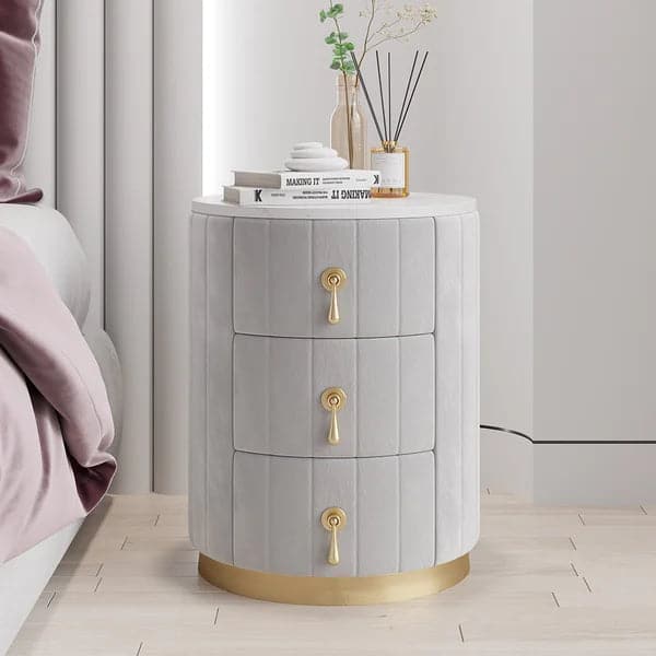 Modern Nightstand Gray Round Nightstand with 3 Drawers Nightstand with Storage