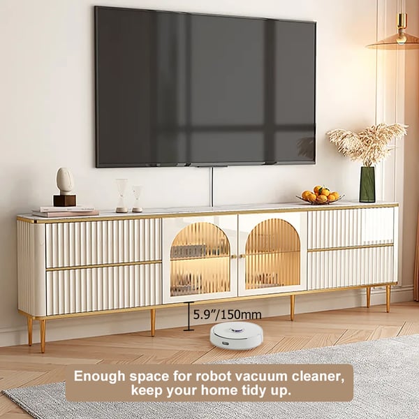 Meuble TV en pierre cannelée avec porte en verre blanc de 80", meuble multimédia en bois pour téléviseur de 85" avec tiroirs