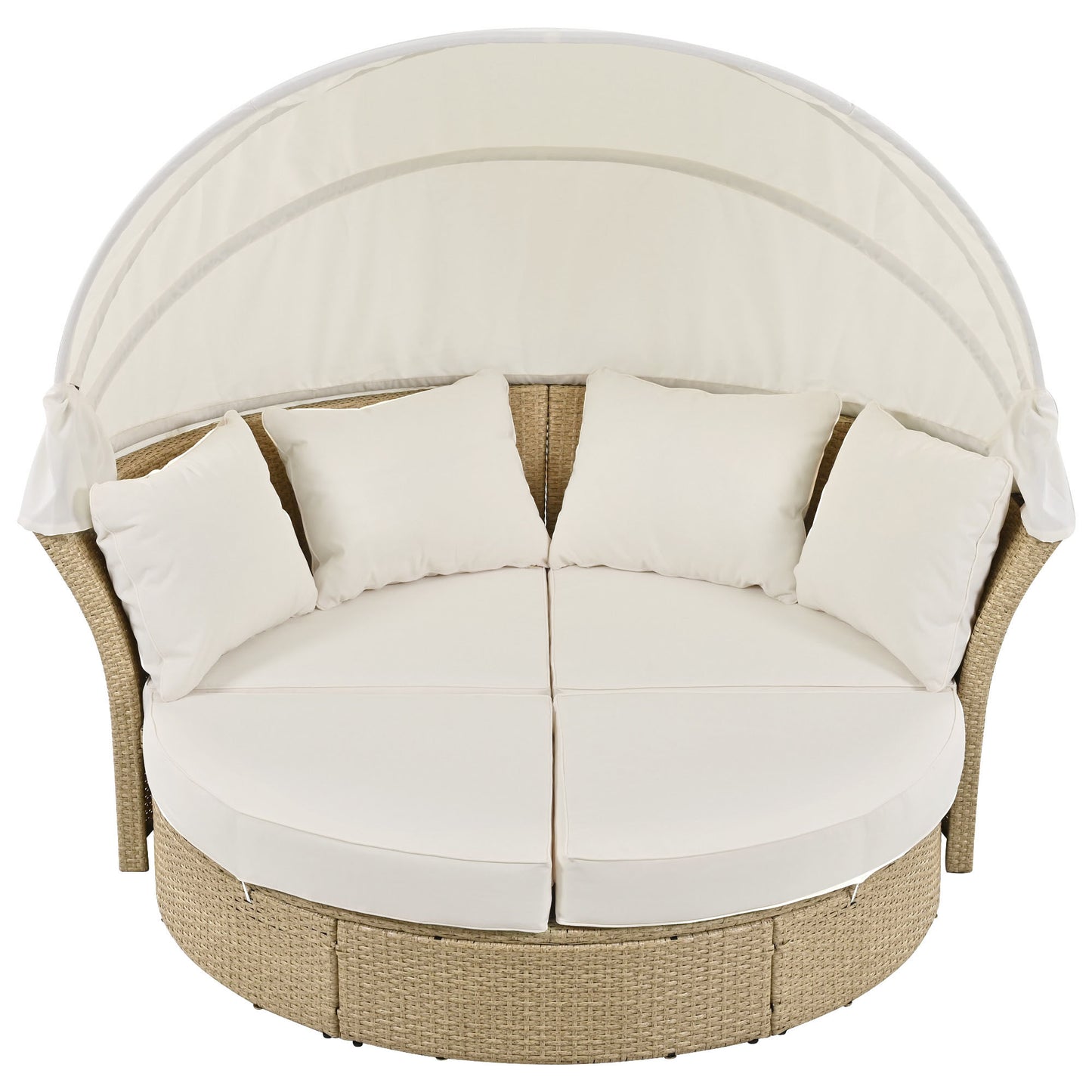 Outdoor Patio Daybed Wicker Rattan Double Daybed Round Sofa Furniture Set with Retractable Canopy, 4 Pillows for Lawn Garden Backyard Porch Pool, Beige