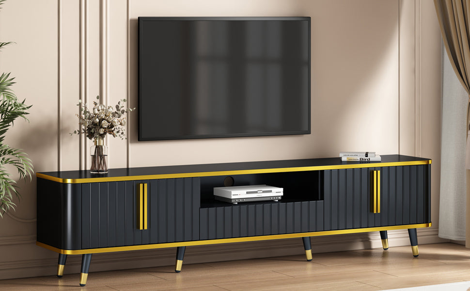 ON-TREND Meuble TV minimaliste de luxe avec étagère de rangement ouverte pour téléviseurs jusqu'à 85", centre de divertissement avec armoires et tiroirs, console multimédia pratique avec pieds uniques pour le salon, noir