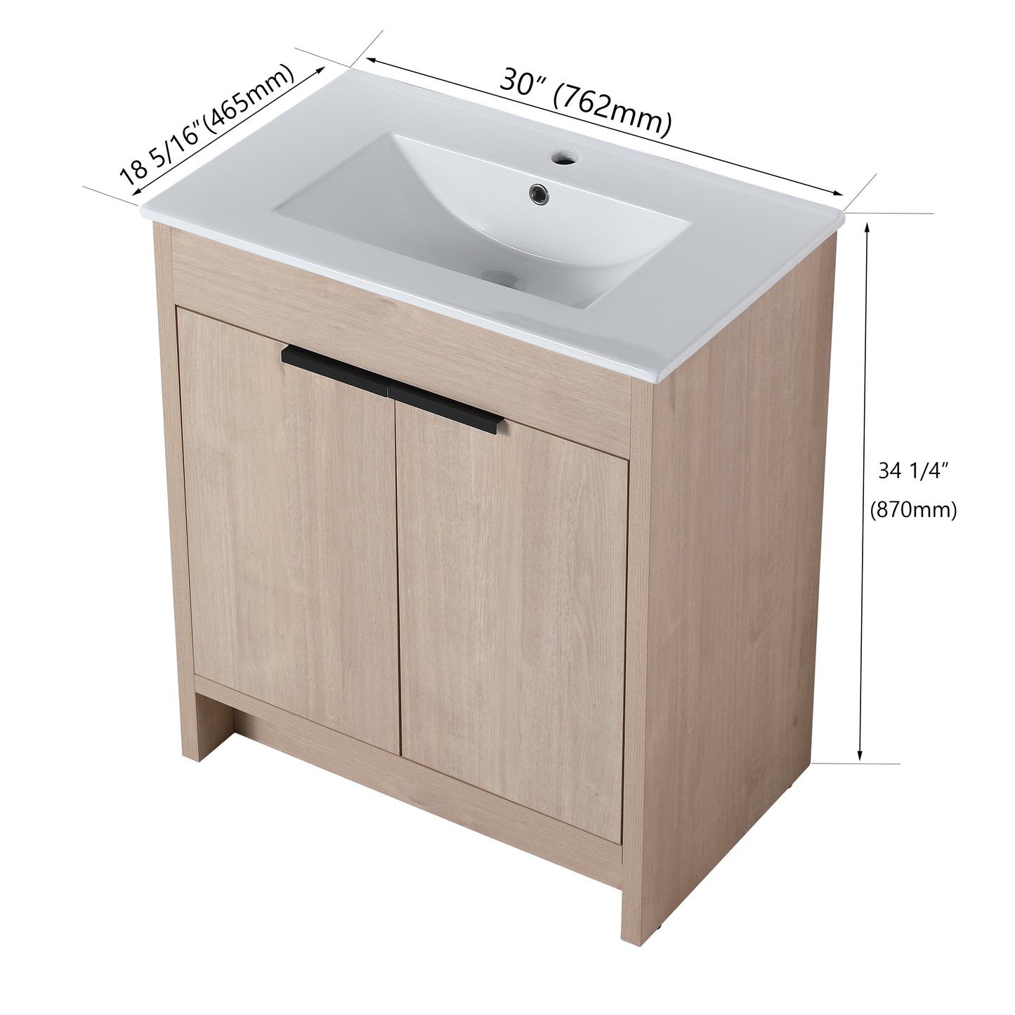 30 Inch Freestanding Bathroom Vanity with White Ceramic Sink & 2 Soft-Close Cabinet Doors (BVB02430PLO-BL9075B)=W999S00063