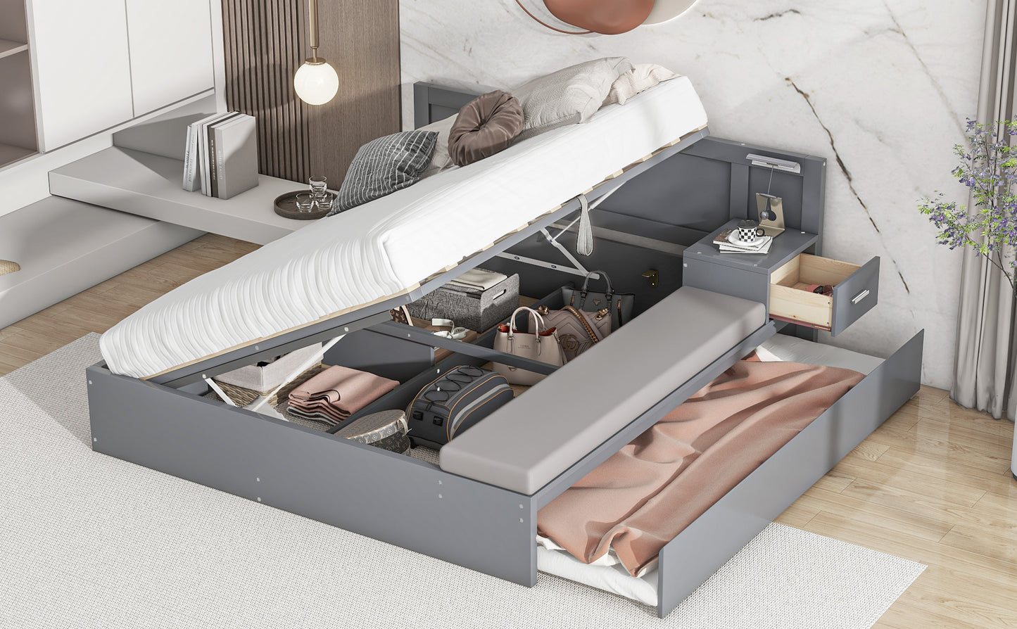 Lit plateforme hydraulique pleine grandeur avec rangement en bois avec lit gigogne double, table d'appoint et salon, gris