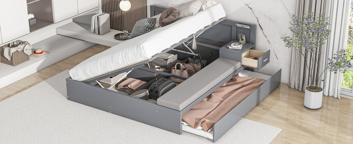 Lit plateforme hydraulique pleine grandeur avec rangement en bois avec lit gigogne double, table d'appoint et salon, gris