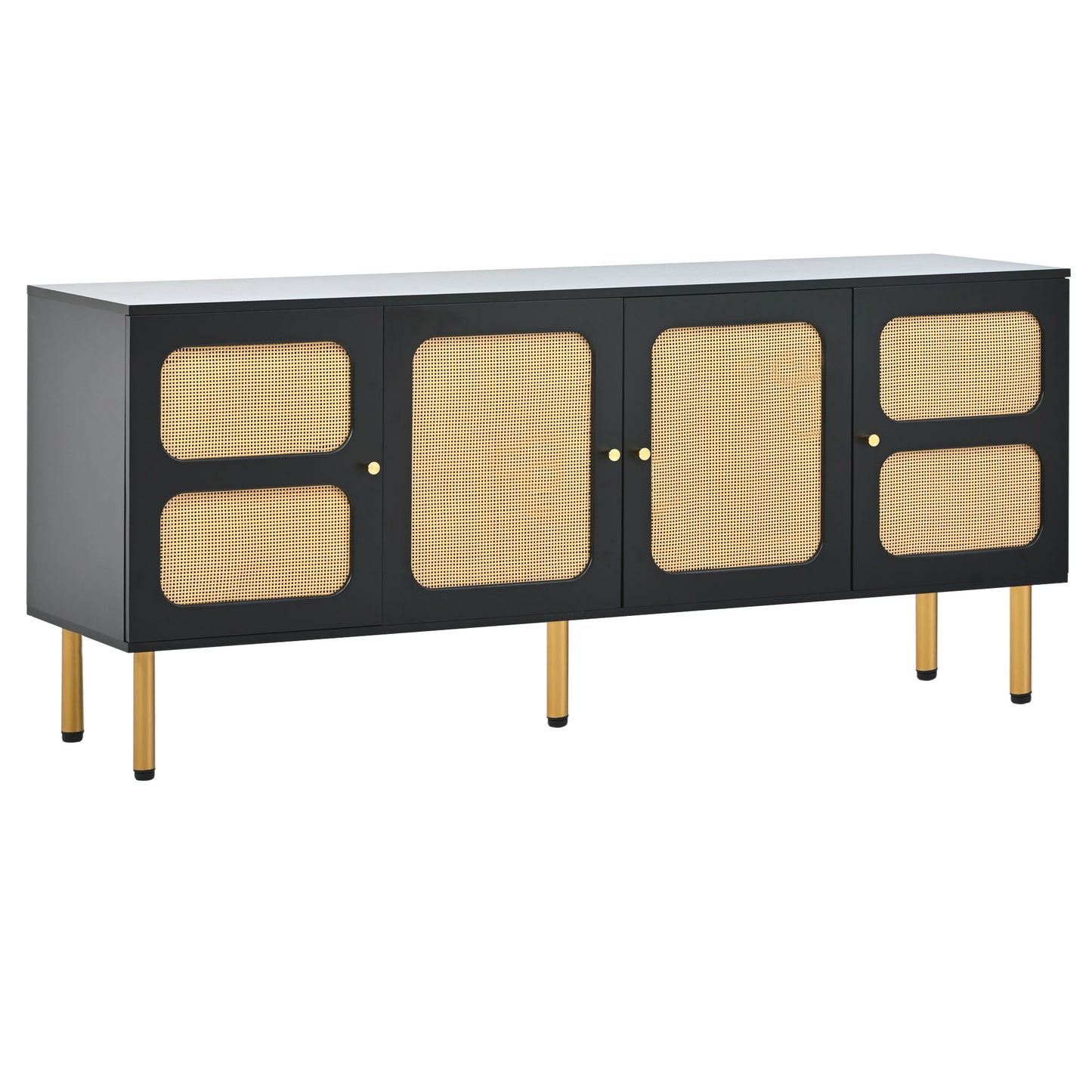 Meuble TV de style bohème ON-TREND avec porte en rotin, table console multimédia tissée pour téléviseurs jusqu'à 70", panneau latéral de style campagnard avec base en métal doré pour le salon, noir.