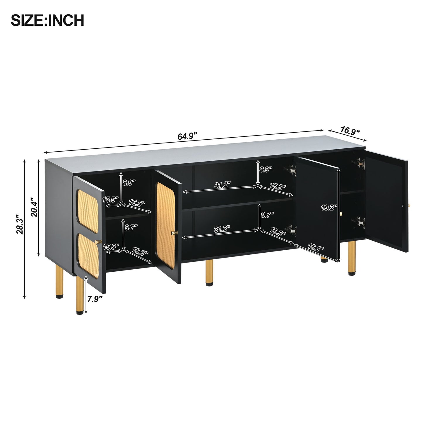 Meuble TV de style bohème ON-TREND avec porte en rotin, table console multimédia tissée pour téléviseurs jusqu'à 70", panneau latéral de style campagnard avec base en métal doré pour le salon, noir.