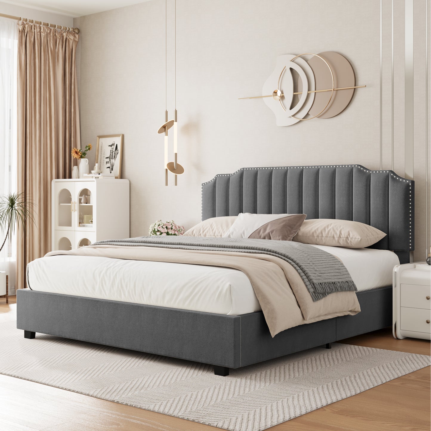 Lift Up Double Size Bed In Gray Velvet