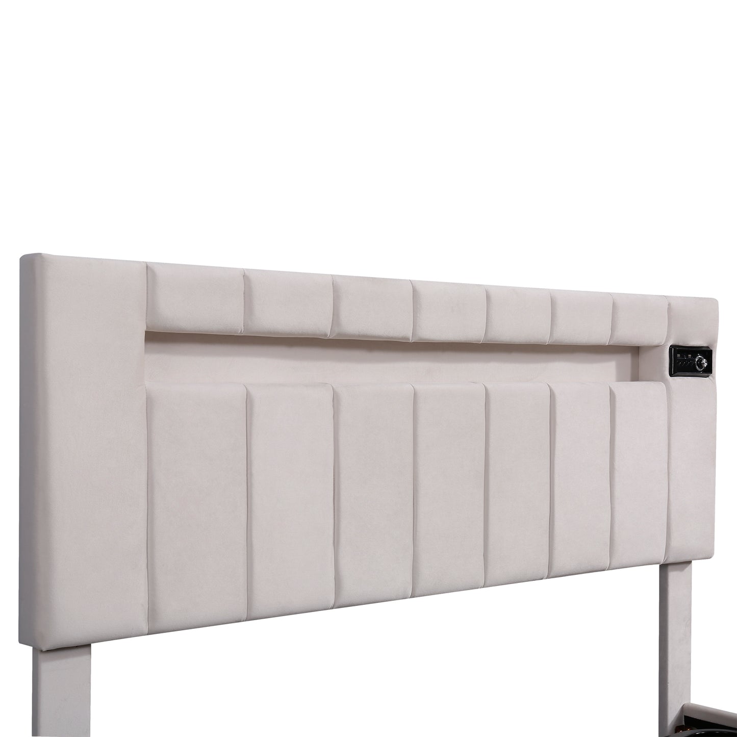 Lit rembourré Queen Size avec lumière LED, lecteur Bluetooth et chargement USB, lit de rangement hydraulique en tissu velours beige