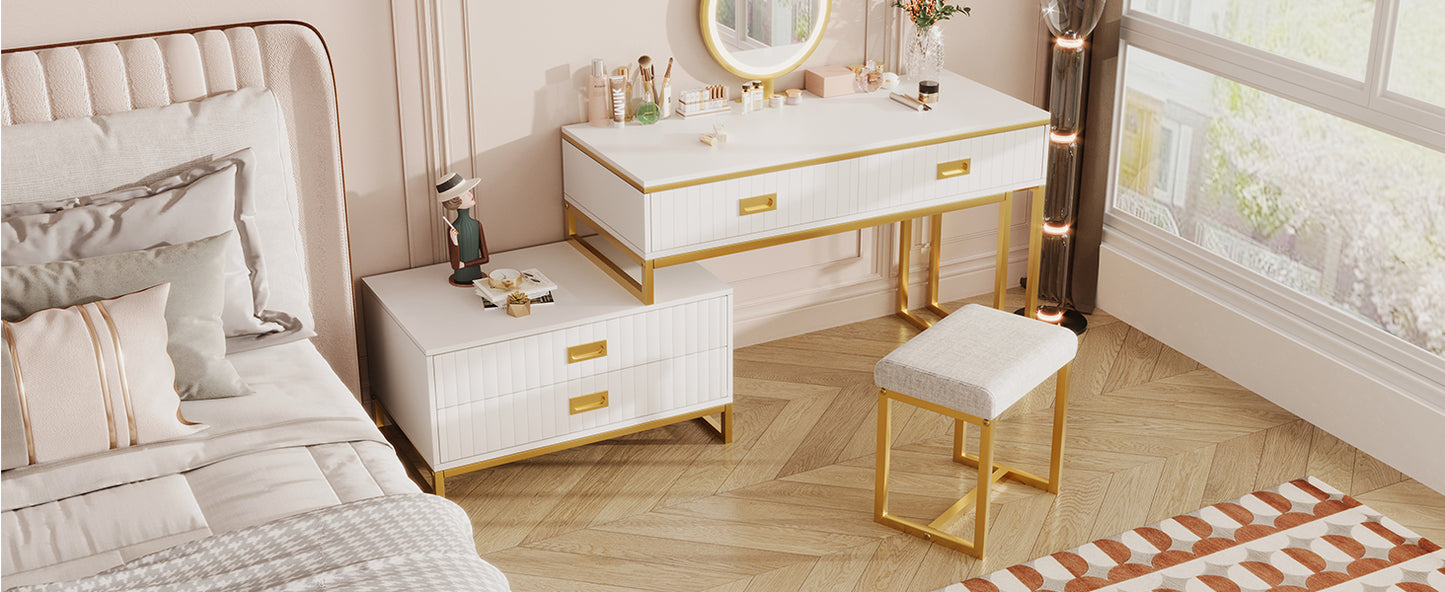 Modern Style Vanity Table With Movable Side Cabinet And 4-Drawers, Large Size Dressing Table With Mirror and 3-colors LED Light, Makeup Table With Stool, White, Golden Legs