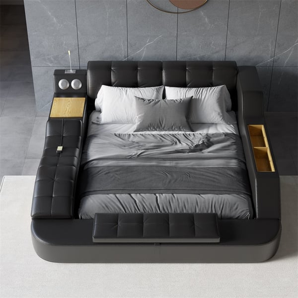 Black Smart Bed King Size Tufted Platform Bed with Massage, Storage & Speaker