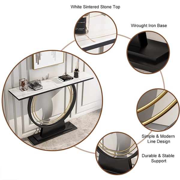 Modern Rectangular Sintered Stone Top Console Table in Black & White & Gold
