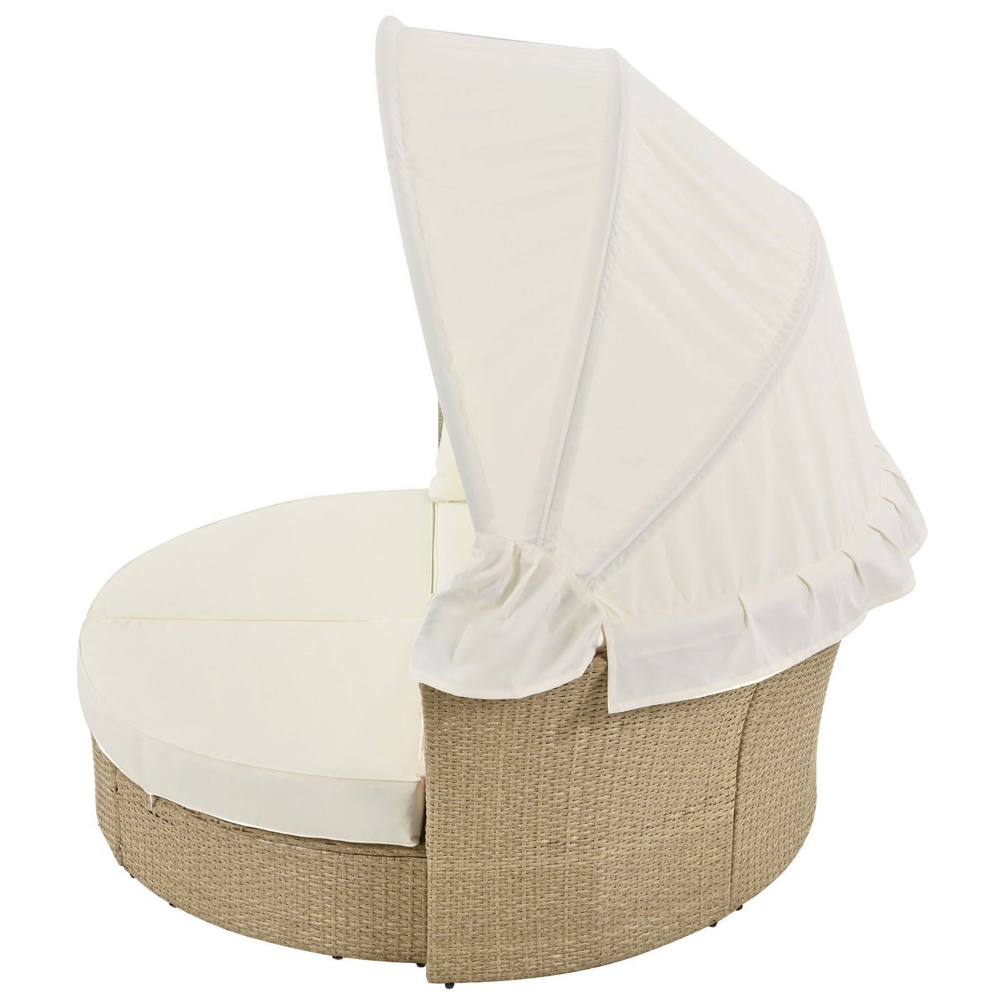 Outdoor Patio Daybed Wicker Rattan Double Daybed Round Sofa Furniture Set with Retractable Canopy, 4 Pillows for Lawn Garden Backyard Porch Pool, Beige