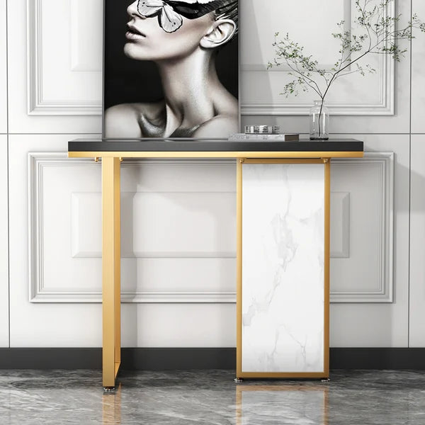 Modern Rectangular Console Table with Wooden Top Entryway Table#Black&White