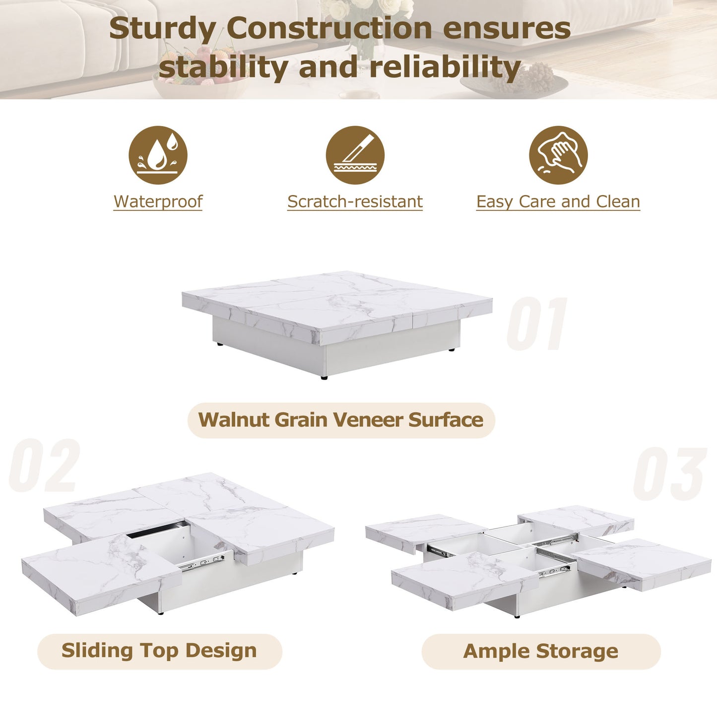 Square Marble Veneer Coffee Table Sliding Top with Storage in White 39.4''