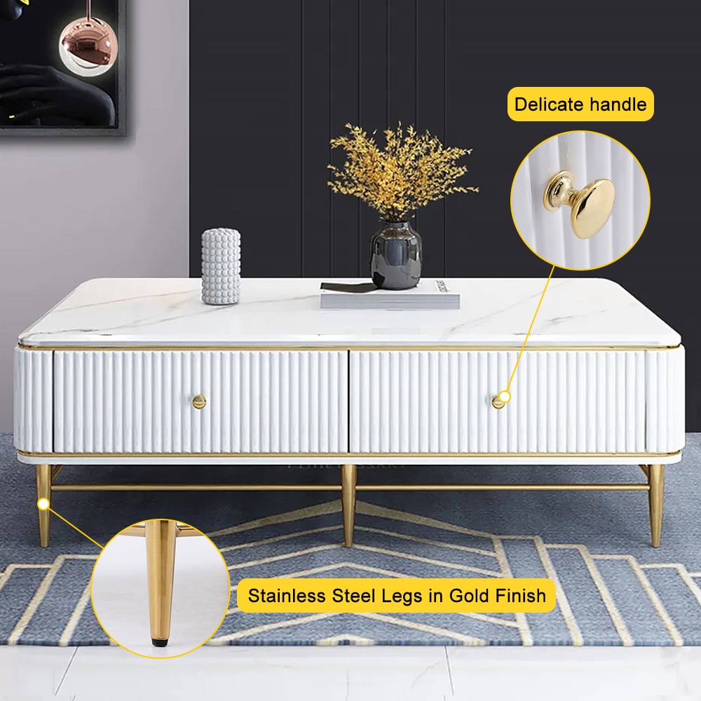 51" White Faux Marble Rectangle Coffee Table in Gold with Storage 4 Drawers