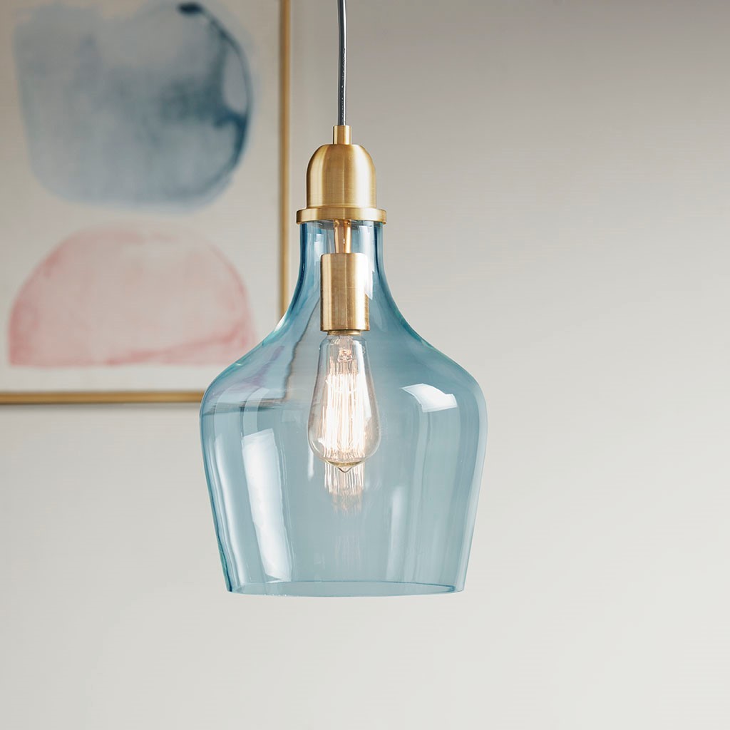 Bell Shaped Glass Pendant In Gold Finish Blue Shade