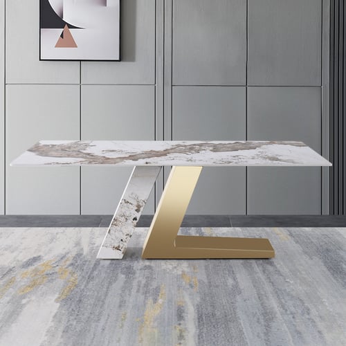 78.7 Inches Rectangle Modern Sintered Stone Top Dining Table for 6 Stainless Steel