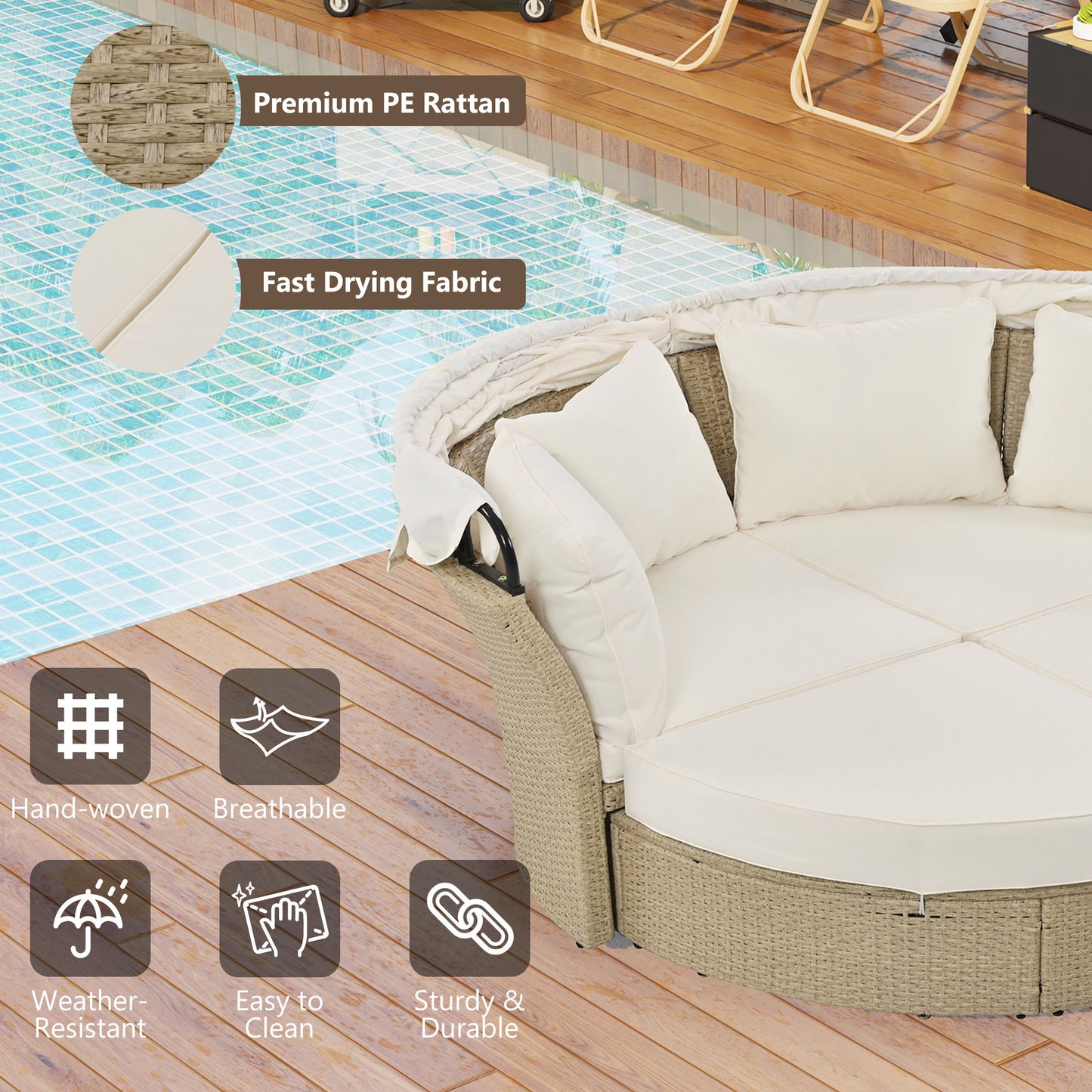 Outdoor Patio Daybed Wicker Rattan Double Daybed Round Sofa Furniture Set with Retractable Canopy, 4 Pillows for Lawn Garden Backyard Porch Pool, Beige