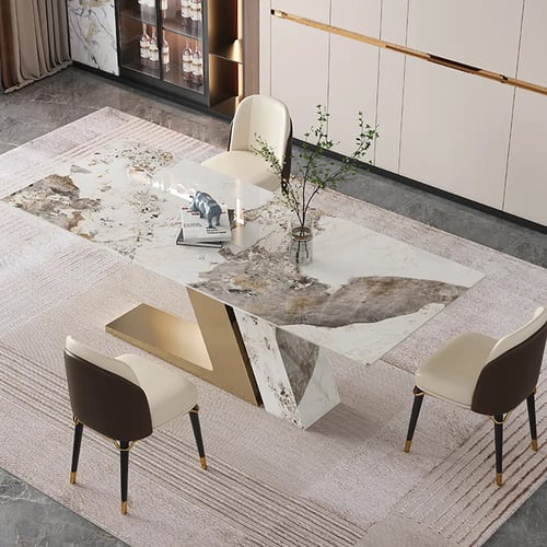 78.7 Inches Rectangle Modern Sintered Stone Top Dining Table for 6 Stainless Steel