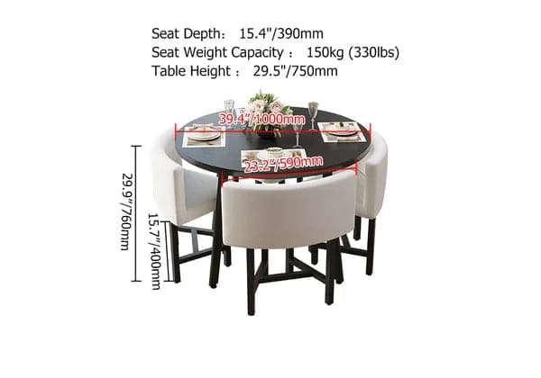 40 Inch Round Wooden Small Nesting Dining Table Set for 4 White Upholstered Chairs
