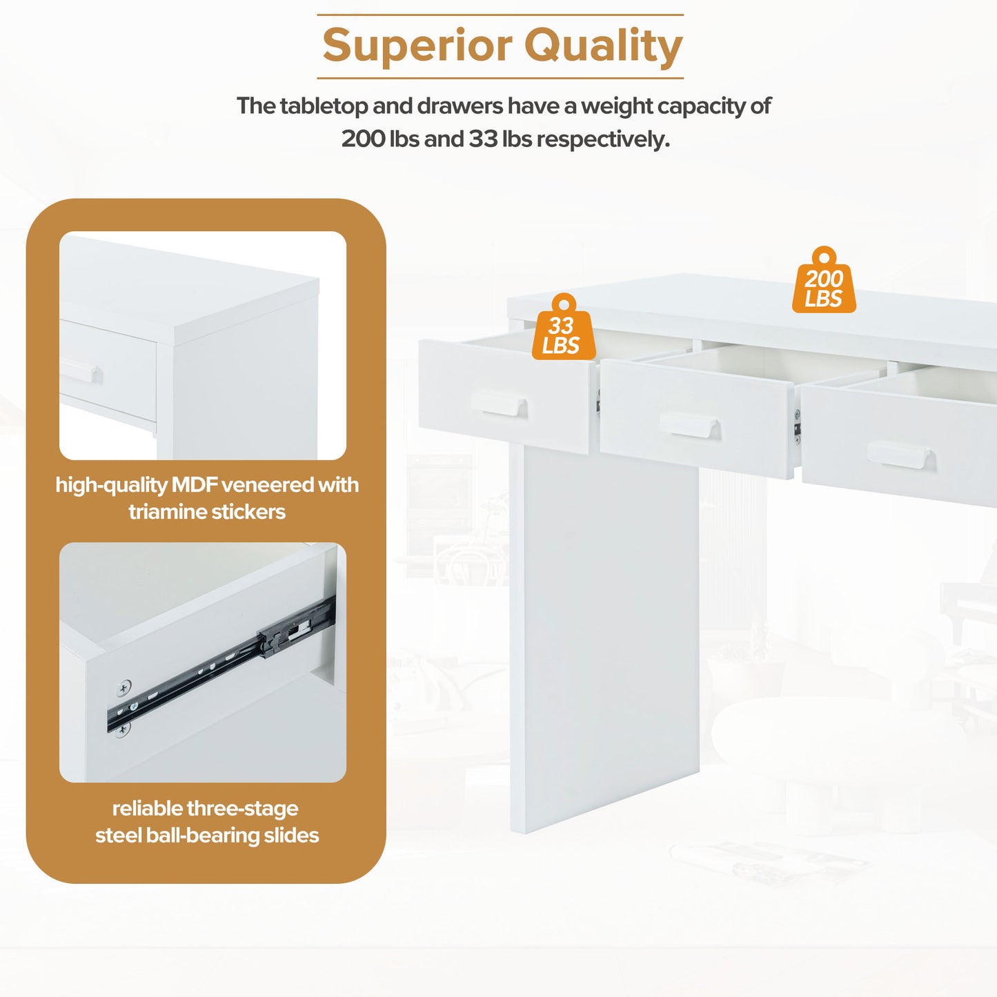 TREXM Modern Minimalist Console Table with Open Tabletop and Four Drawers with Metal Handles for Entry Way, Living Room and Dining Room (White)
