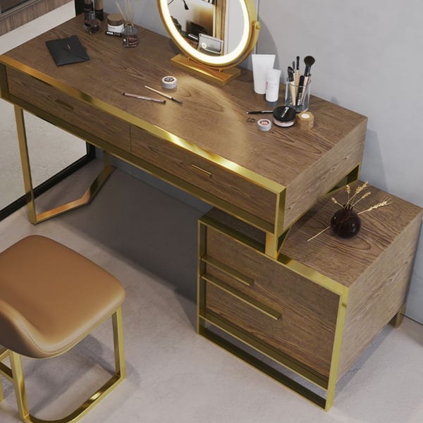 Modern Walnut Makeup Vanity Set with Drawers & Cabinet Dressing Table Mirror & Stool