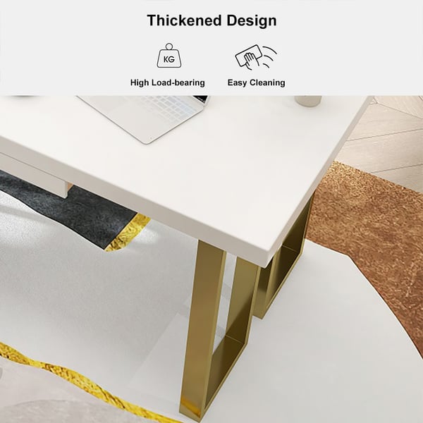 Modern White & Gold Rectangular Computer Desk with Drawer & Storage Shelf