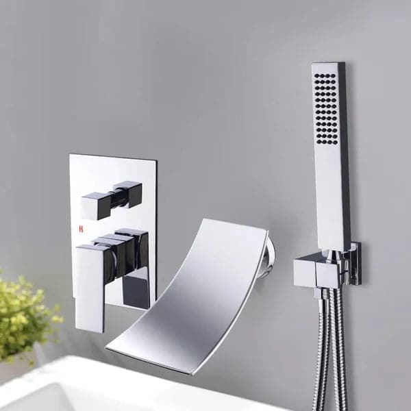 Waterfall Spout Wall-Mount Tub Filler Faucet Single Handle and Handshower Chrome
