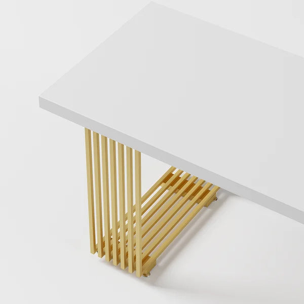 Modern White Rectangular Office Desk with Solid Wood Table Top & Gold Frame