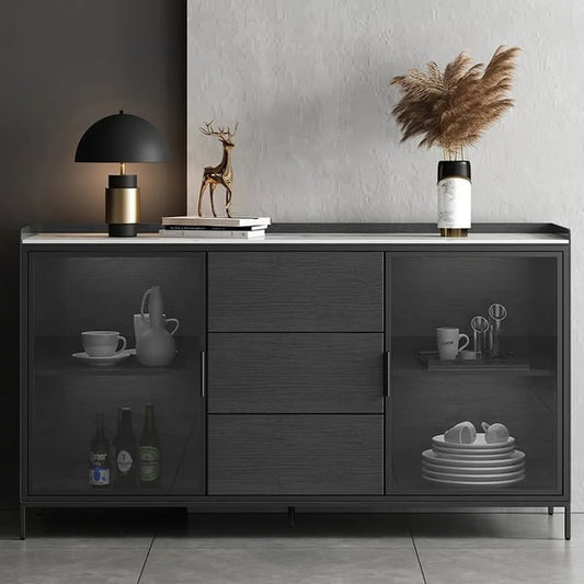 47" Black Sideboard Buffet Doors&Drawers Sintered Stone Top Modern Sideboard Cabinet