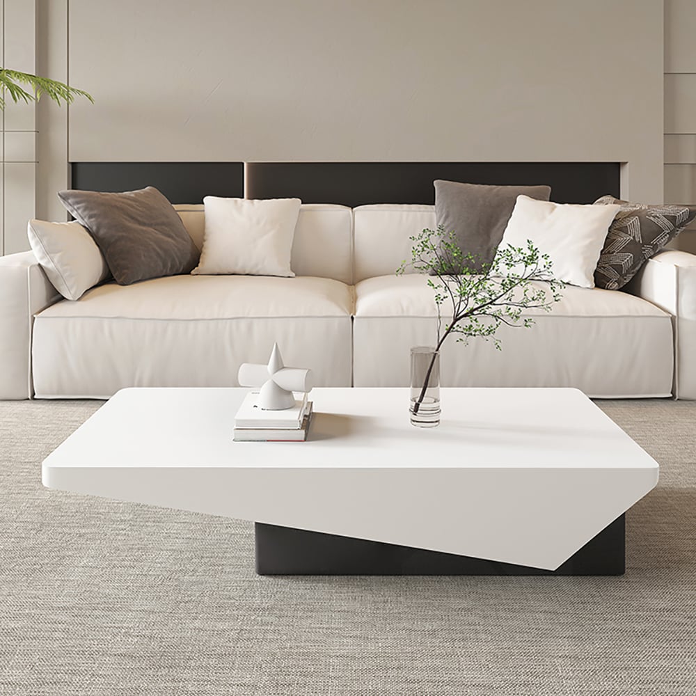 47" Block Coffee Table White Rectangular with Drawer Storage in Black
