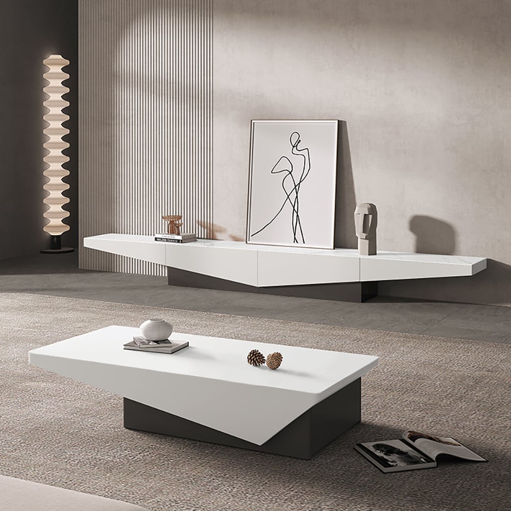 47" Block Coffee Table White Rectangular with Drawer Storage in Black