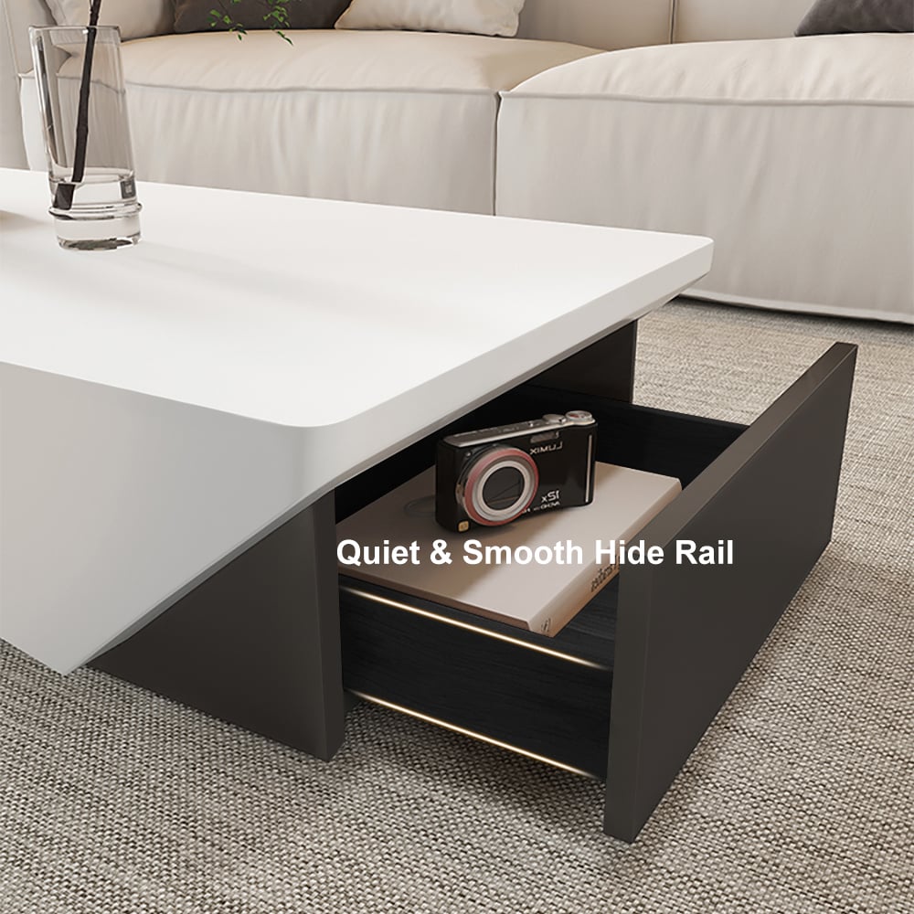 47" Block Coffee Table White Rectangular with Drawer Storage in Black