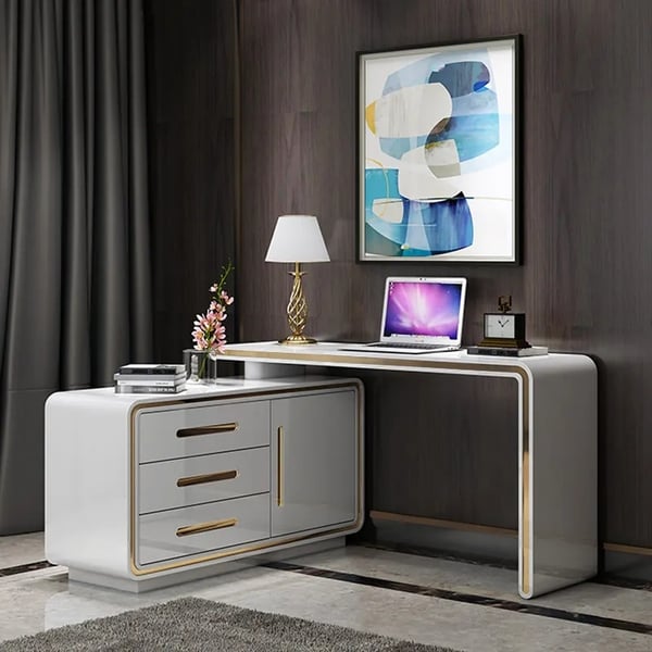 Modern White L-Shaped Desk Corner Rotating Computer Desk with Cabinet